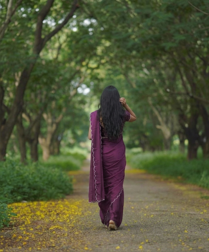 Purple Rangoli Silk Saree with Aarko Border & Net Sequins Work Blouse