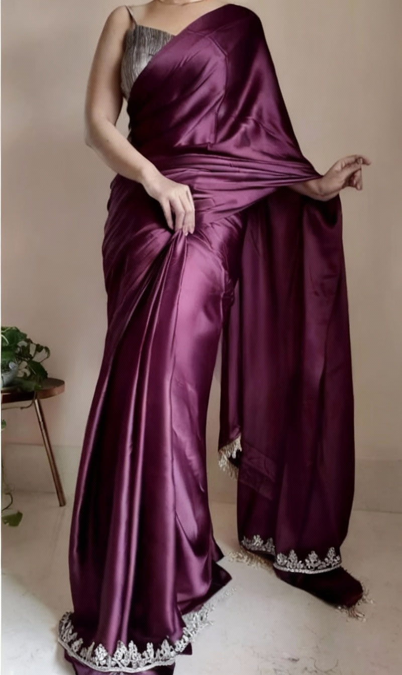 Purple Satin Saree with Contrast Malbari Weaving Blouse