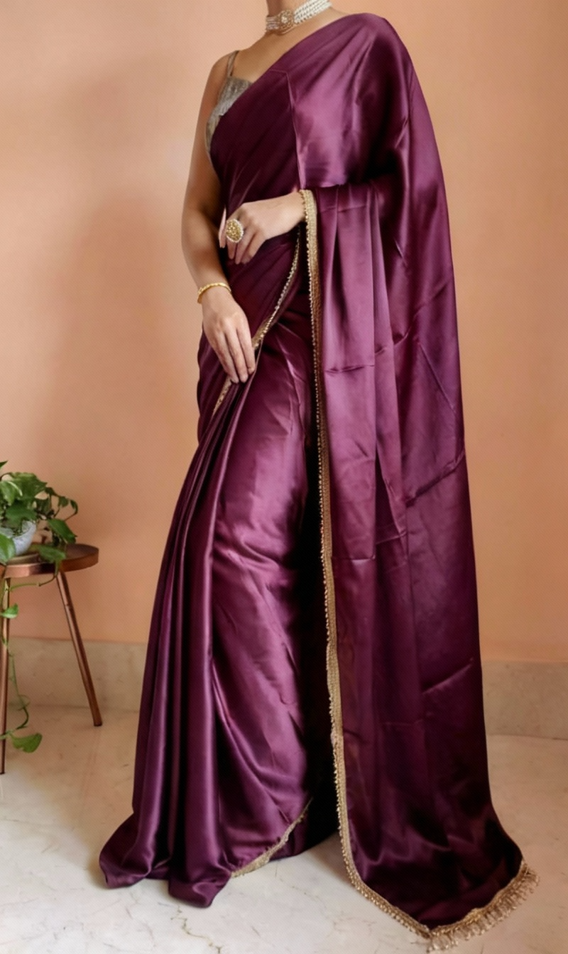 Purple Satin Saree with Contrast Malbari Weaving Blouse