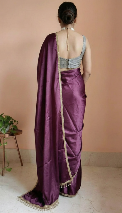 Purple Satin Saree with Contrast Malbari Weaving Blouse