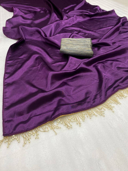 Purple Satin Saree with Contrast Malbari Weaving Blouse