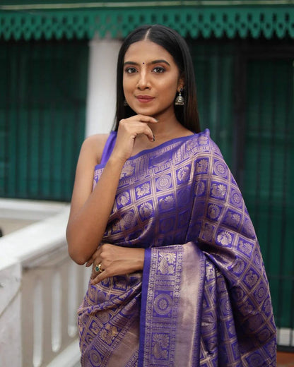 Purple Traditional Kanchipuram Silk Saree with Woven Matching Blouse