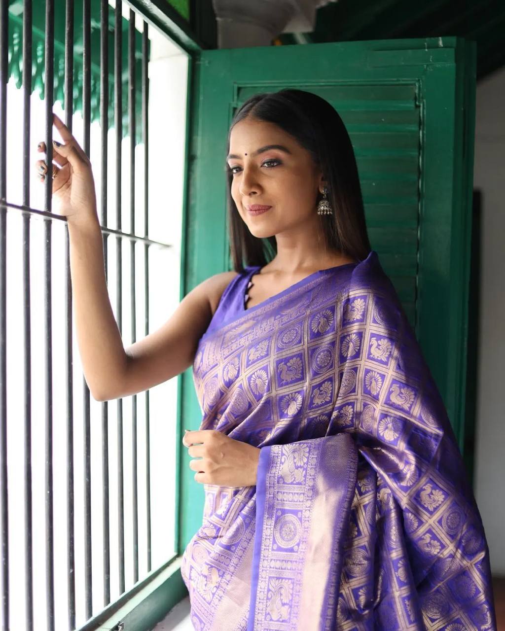Purple Traditional Kanchipuram Silk Saree with Woven Matching Blouse