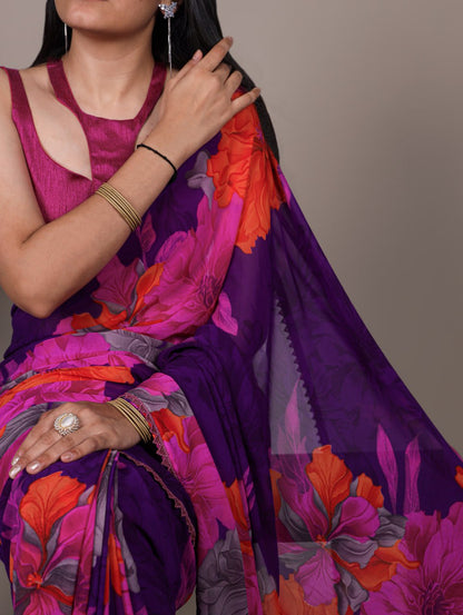 Purple Weightless Marble Floral Printed Saree with Banglory Blouse