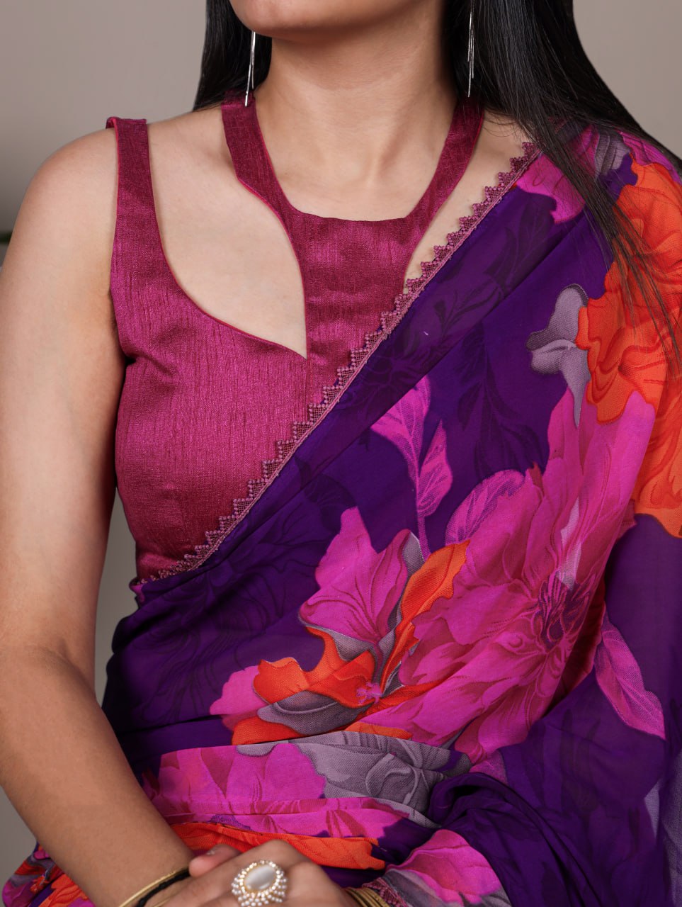 Purple Weightless Marble Floral Printed Saree with Banglory Blouse