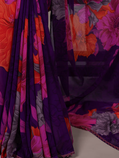 Purple Weightless Marble Floral Printed Saree with Banglory Blouse