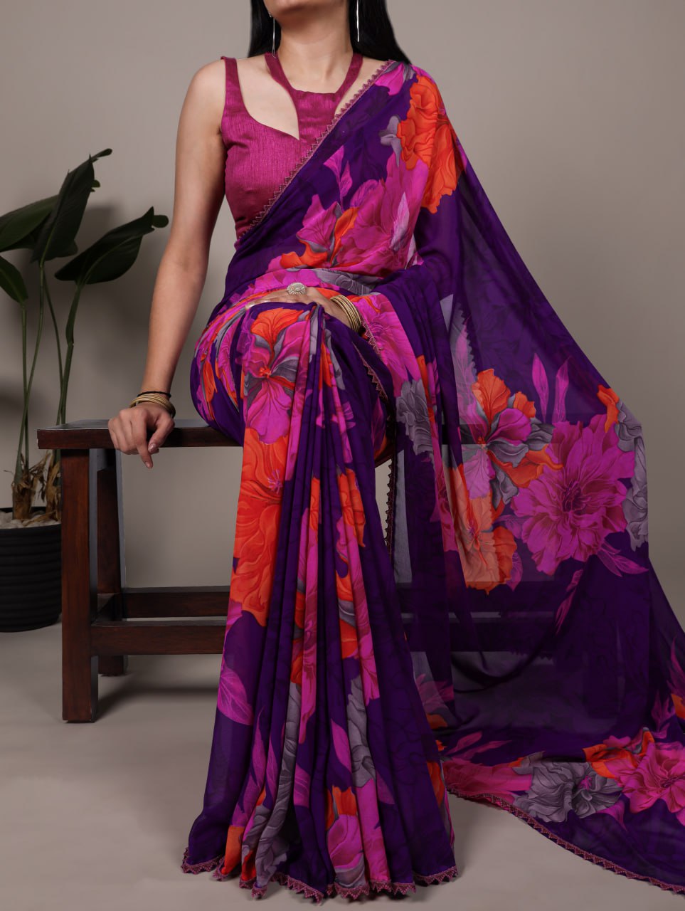 Purple Weightless Marble Floral Printed Saree with Banglory Blouse