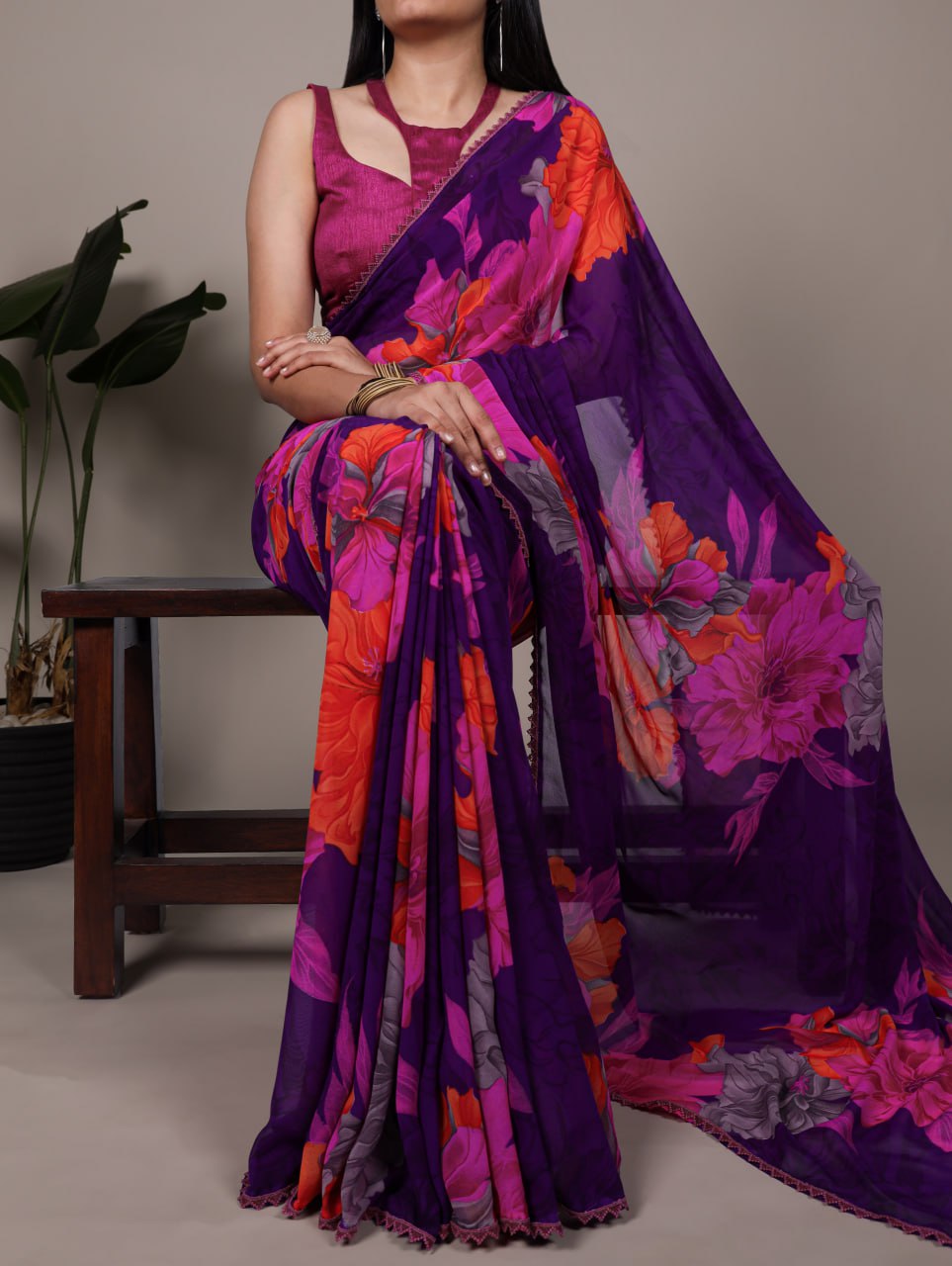 Purple Weightless Marble Floral Printed Saree with Banglory Blouse
