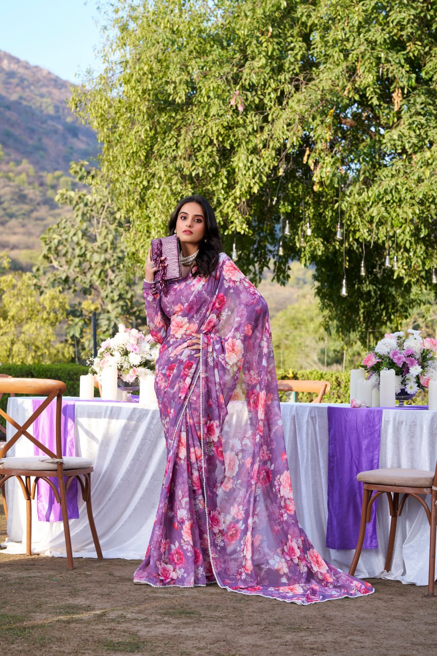 Purple Weightless Marble Print Saree with Pearl Matching Blouse