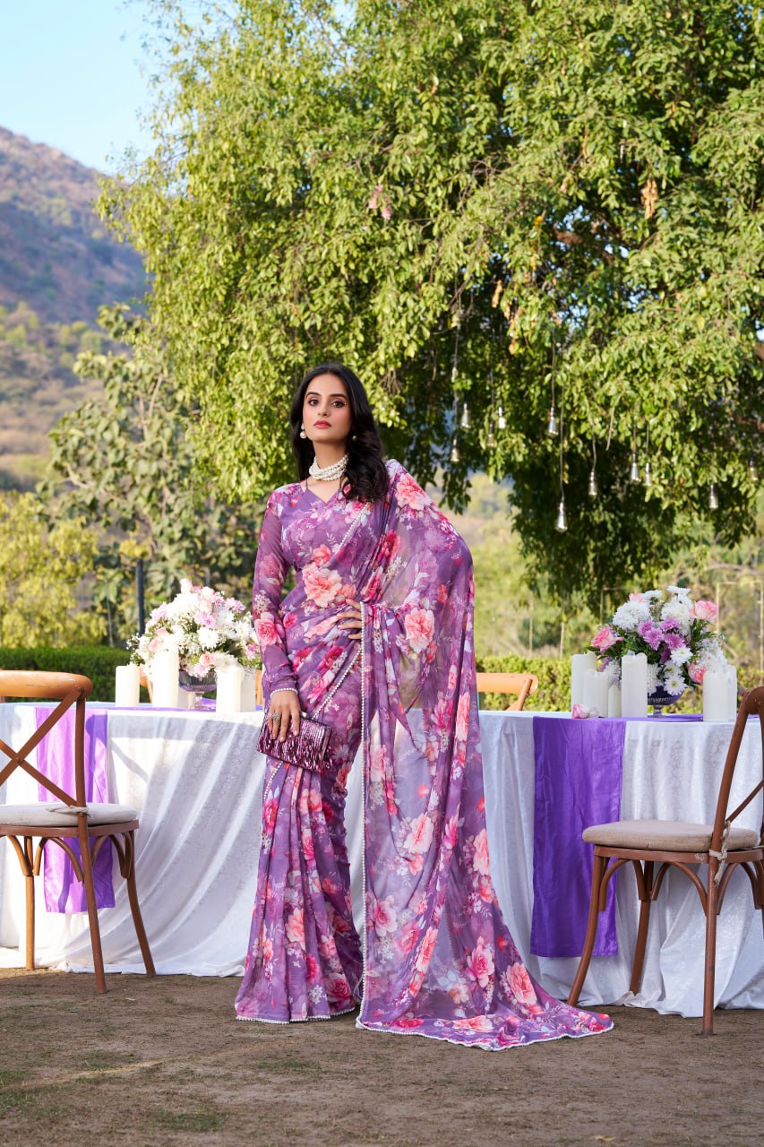 Purple Weightless Marble Print Saree with Pearl Matching Blouse