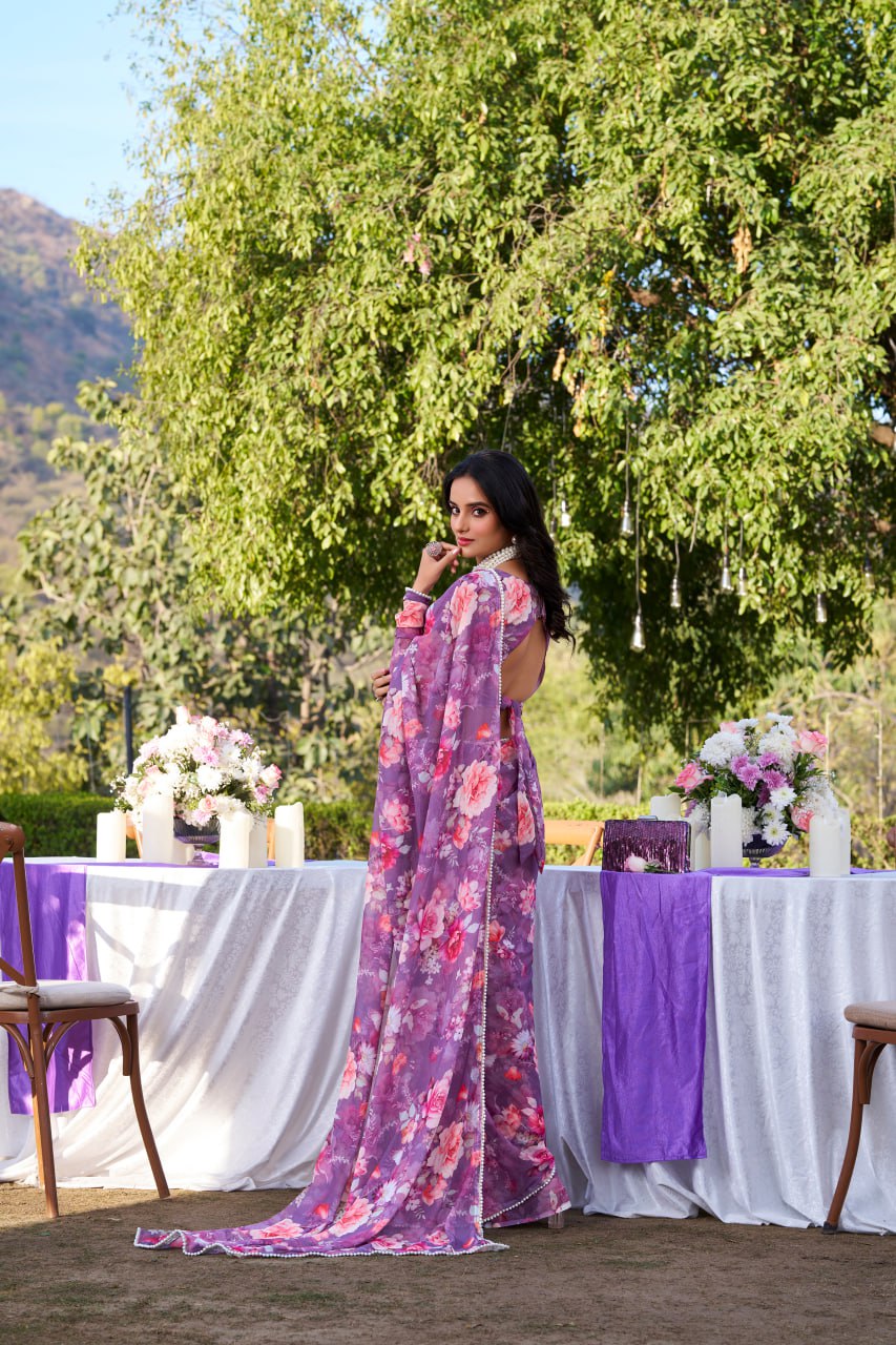 Purple Weightless Marble Print Saree with Pearl Matching Blouse