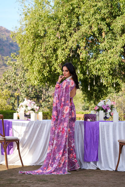Purple Weightless Marble Print Saree with Pearl Matching Blouse