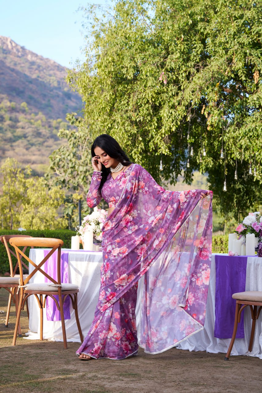 Purple Weightless Marble Print Saree with Pearl Matching Blouse