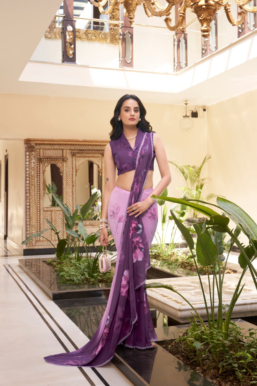 Purple Weightless Marble Printed Saree with Floral Design Lace Border