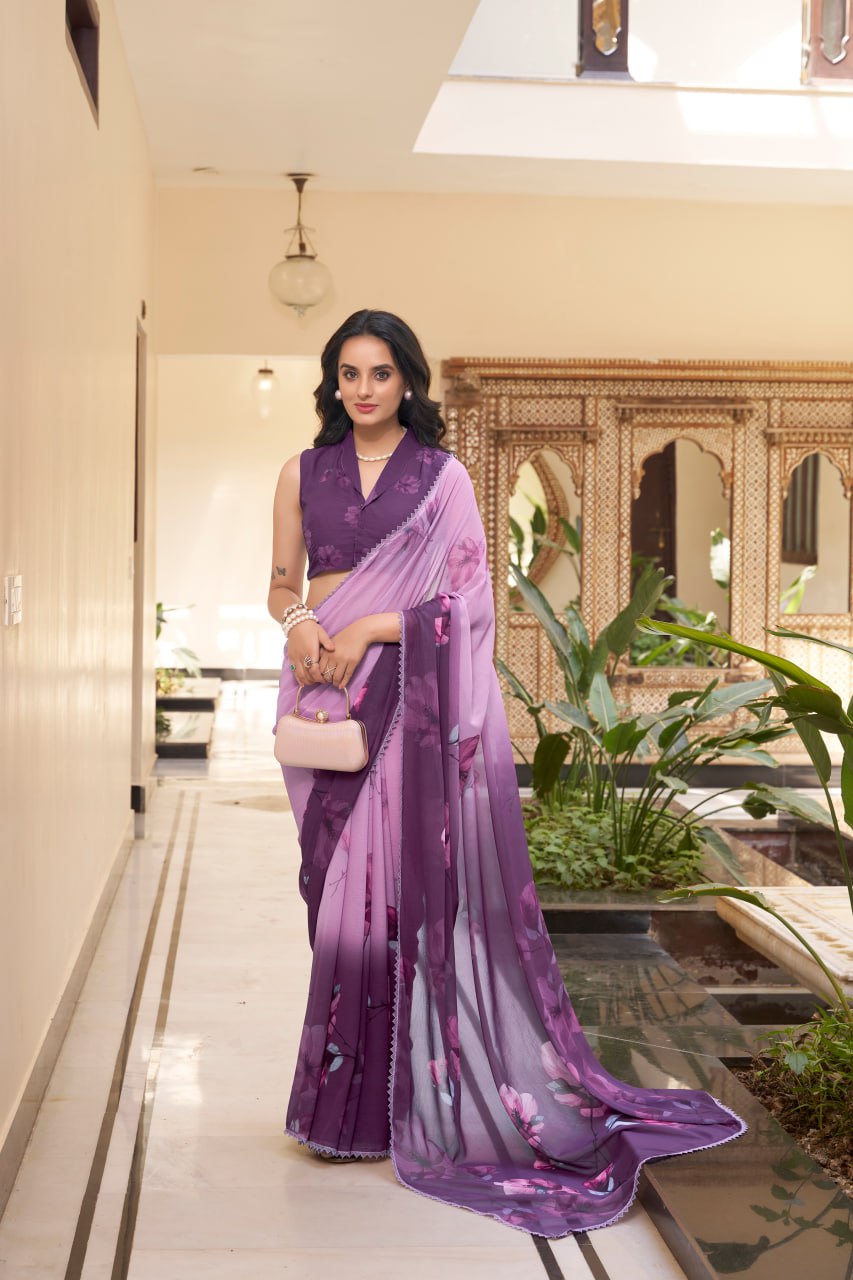 Purple Weightless Marble Printed Saree with Floral Design Lace Border
