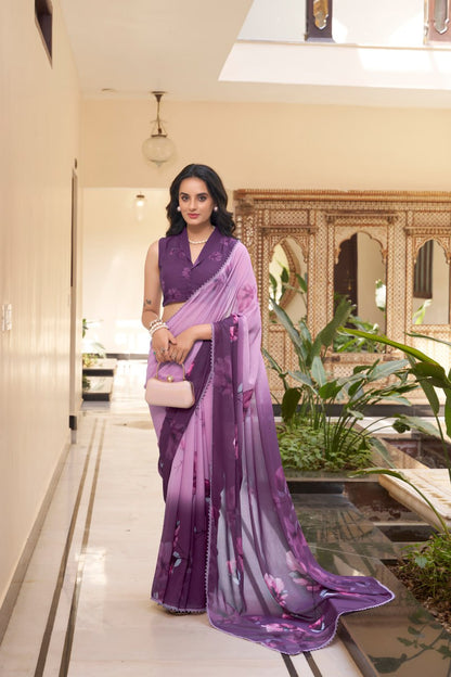 Purple Weightless Marble Printed Saree with Floral Design Lace Border