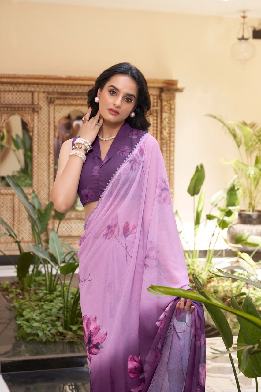 Purple Weightless Marble Printed Saree with Floral Design Lace Border