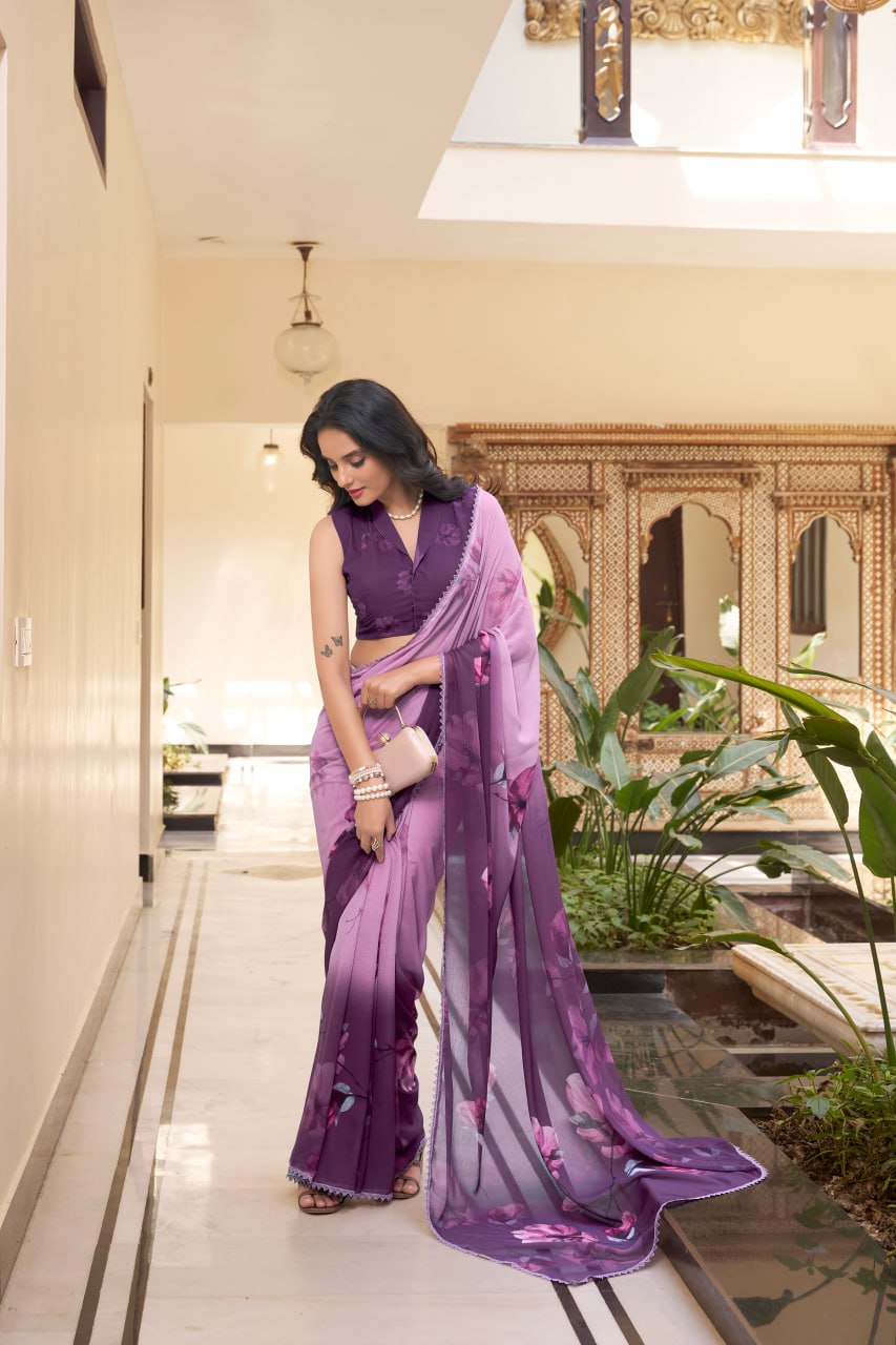 Purple Weightless Marble Printed Saree with Floral Design Lace Border