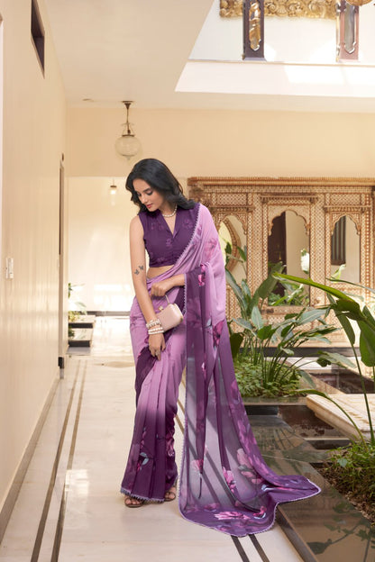 Purple Weightless Marble Printed Saree with Floral Design Lace Border