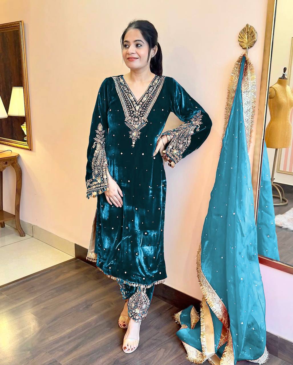 Rama Blue Designer Viscose Velvet Plazzo Top and Dupatta For Party Wear