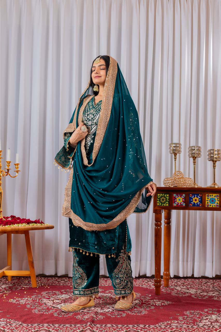 Rama Blue Designer Viscose Velvet Plazzo Top and Dupatta For Party Wear