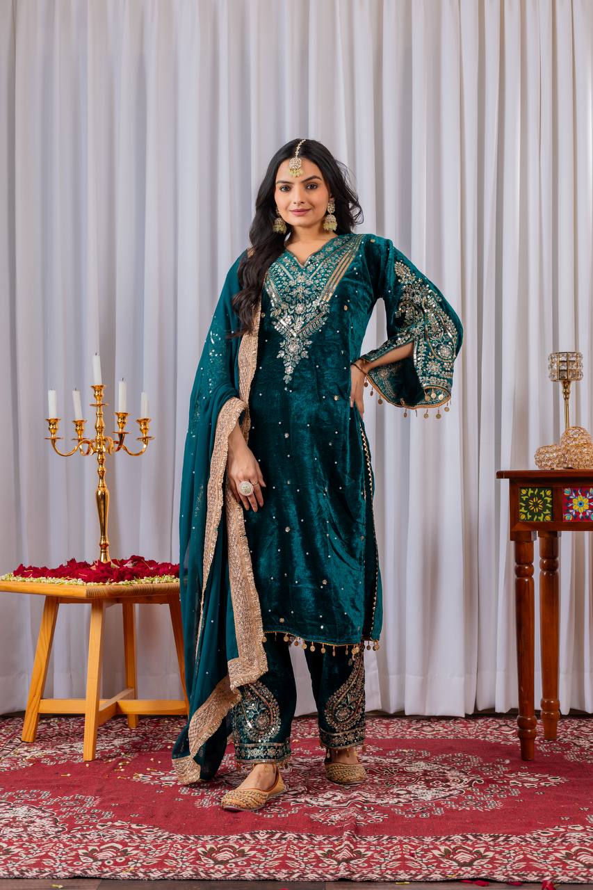 Rama Blue Designer Viscose Velvet Plazzo Top and Dupatta For Party Wear