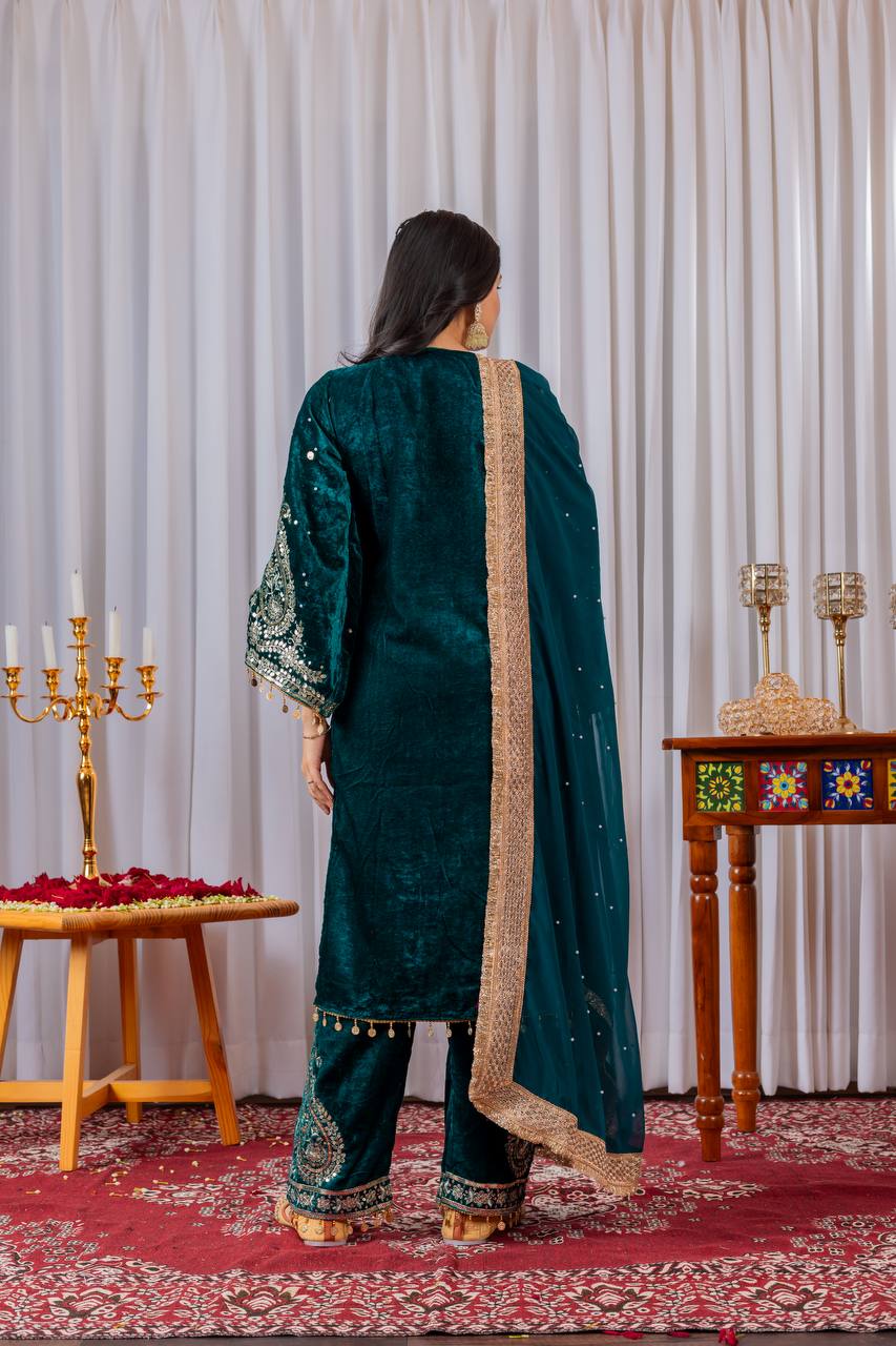 Rama Blue Designer Viscose Velvet Plazzo Top and Dupatta For Party Wear