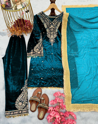 Rama Blue Designer Viscose Velvet Plazzo Top and Dupatta For Party Wear