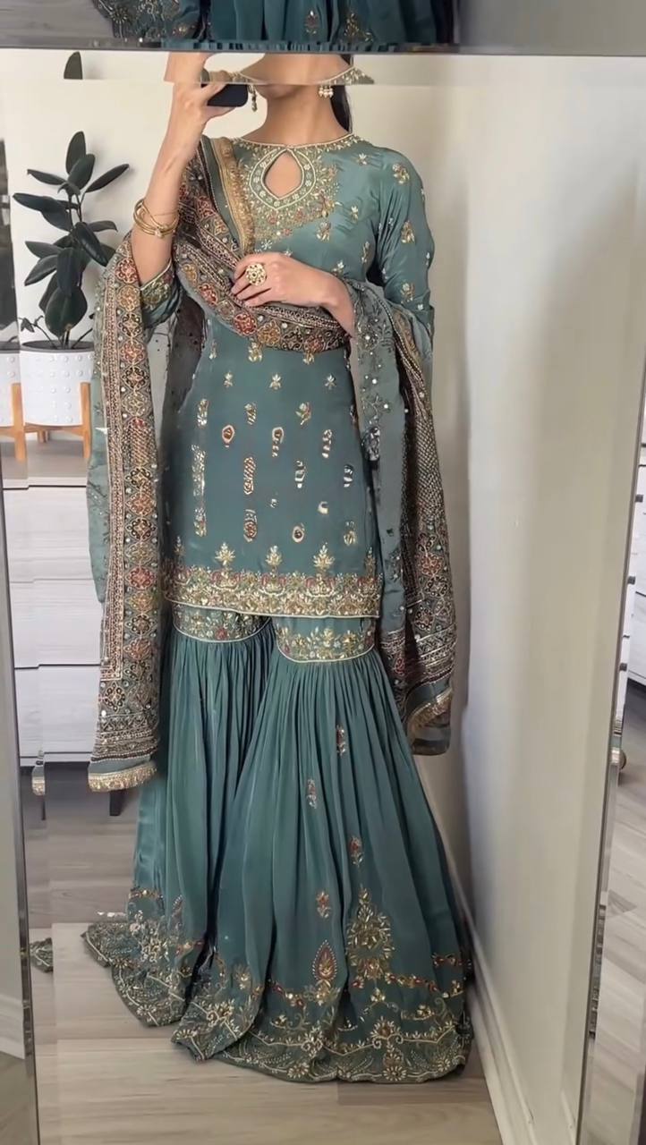 Rama Blue Faux Georgette Sharara Plazzo and Dupatta For Party Wear