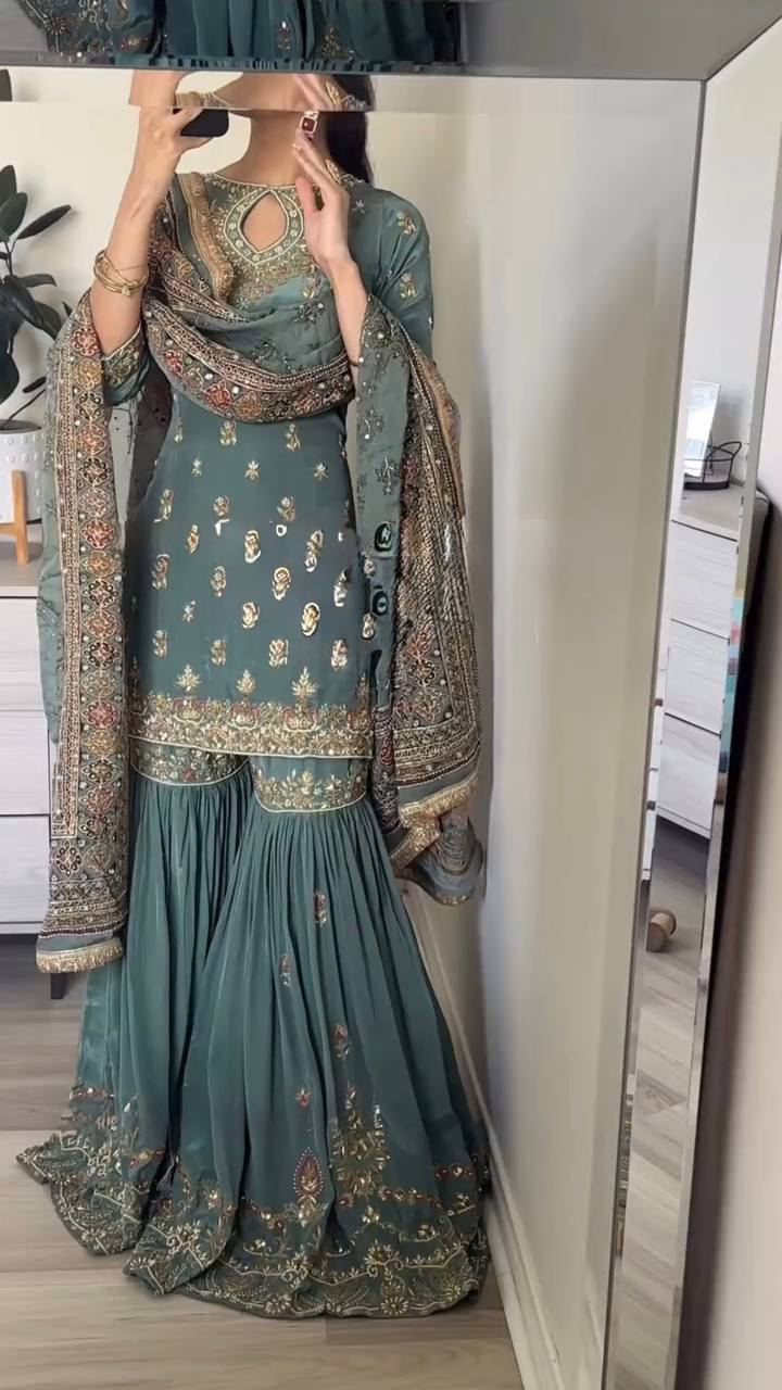 Rama Blue Faux Georgette Sharara Plazzo and Dupatta For Party Wear