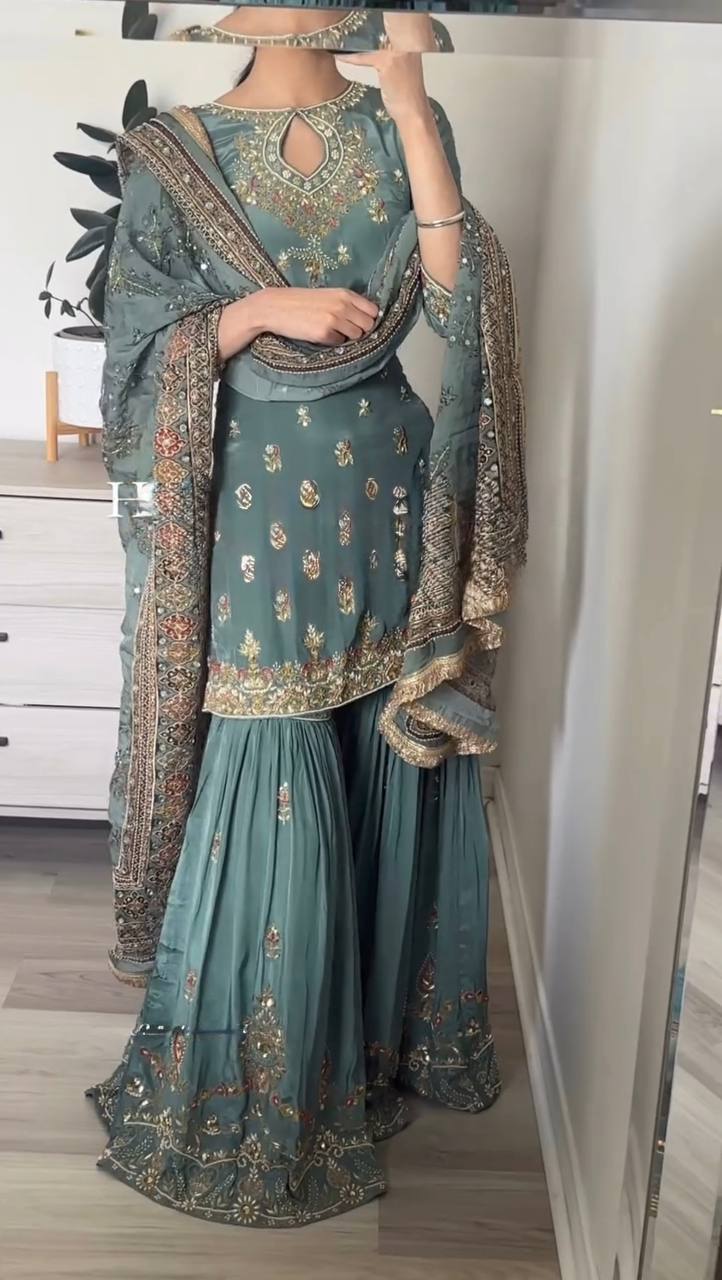 Rama Blue Faux Georgette Sharara Plazzo and Dupatta For Party Wear