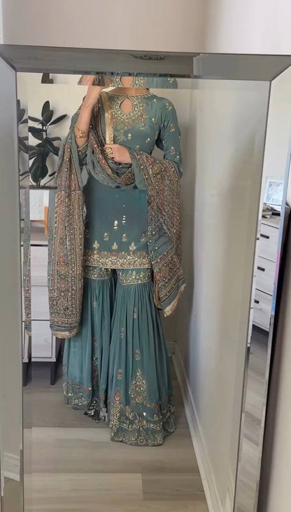 Rama Blue Faux Georgette Sharara Plazzo and Dupatta For Party Wear