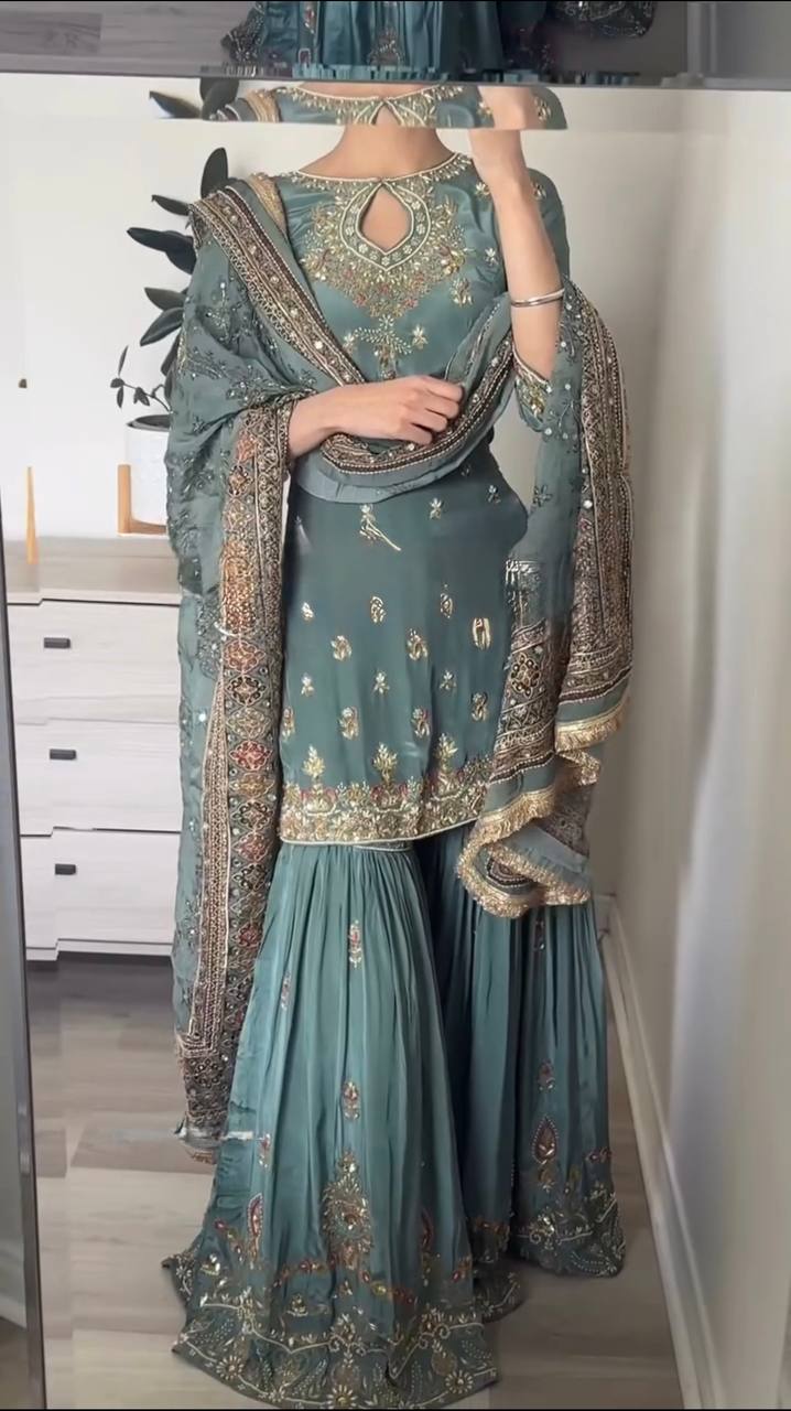 Rama Blue Faux Georgette Sharara Plazzo and Dupatta For Party Wear