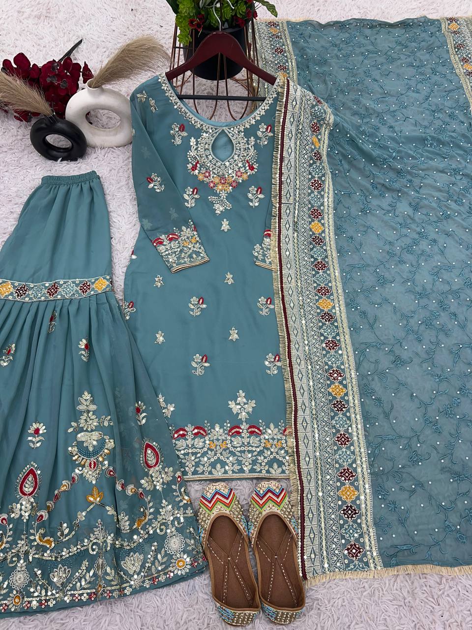 Rama Blue Faux Georgette Sharara Plazzo and Dupatta For Party Wear