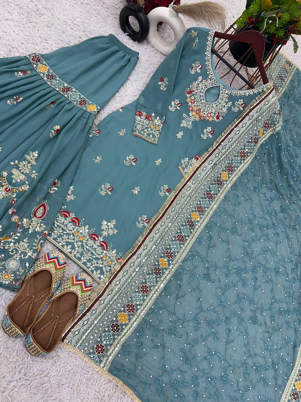 Rama Blue Faux Georgette Sharara Plazzo and Dupatta For Party Wear