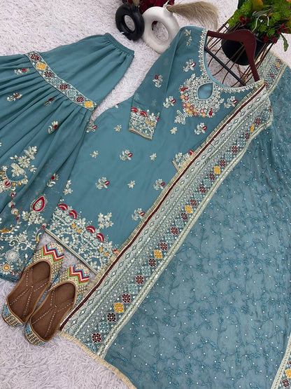 Rama Blue Faux Georgette Sharara Plazzo and Dupatta For Party Wear