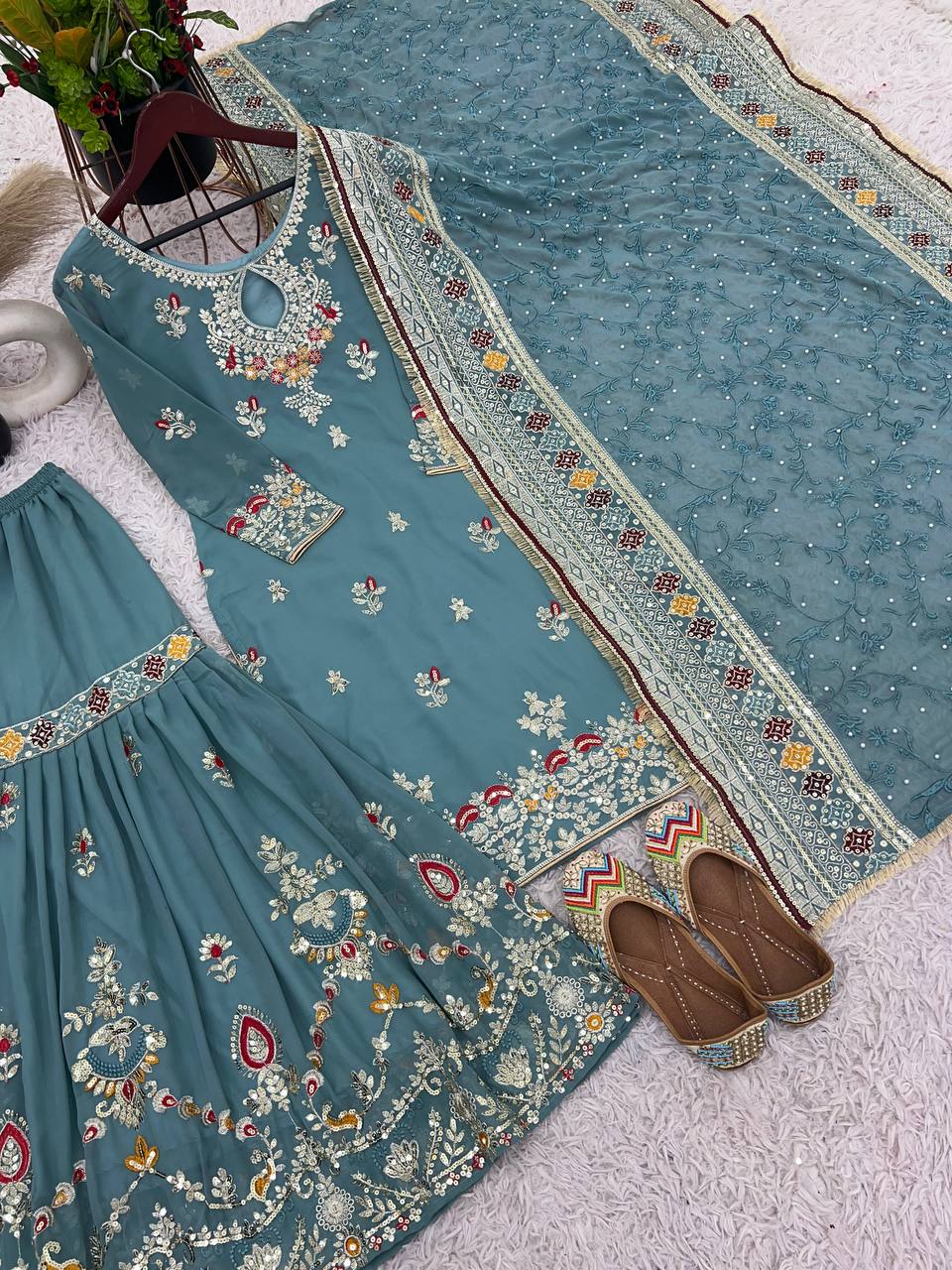 Rama Blue Faux Georgette Sharara Plazzo and Dupatta For Party Wear