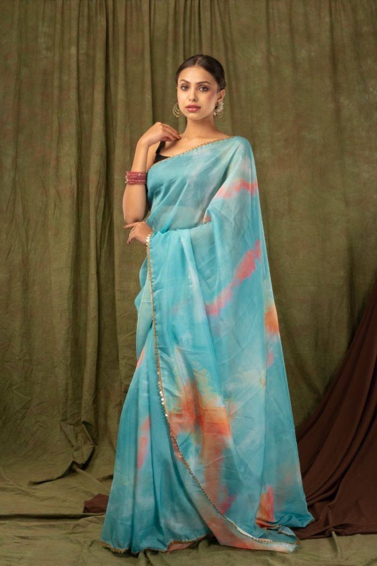 Rama Blue Pure Khadi Organza Saree with Golden Black Banglori Blouse
