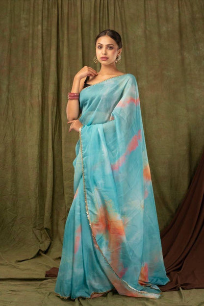 Rama Blue Pure Khadi Organza Saree with Golden Black Banglori Blouse