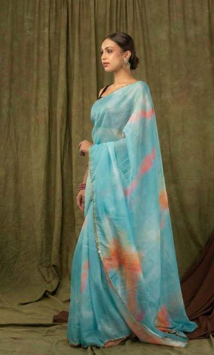 Rama Blue Pure Khadi Organza Saree with Golden Black Banglori Blouse