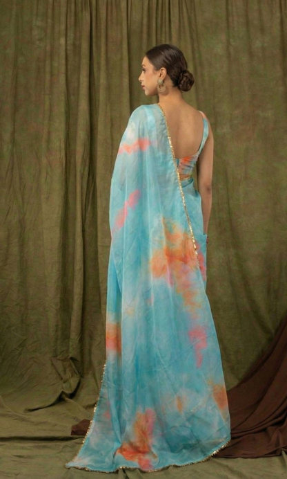 Rama Blue Pure Khadi Organza Saree with Golden Black Banglori Blouse