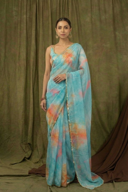 Rama Blue Pure Khadi Organza Saree with Golden Black Banglori Blouse