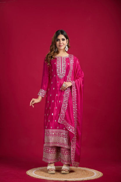 Rani Pink Chinnon Silk Embroidered Top Pant and Dupatta For Party Wear