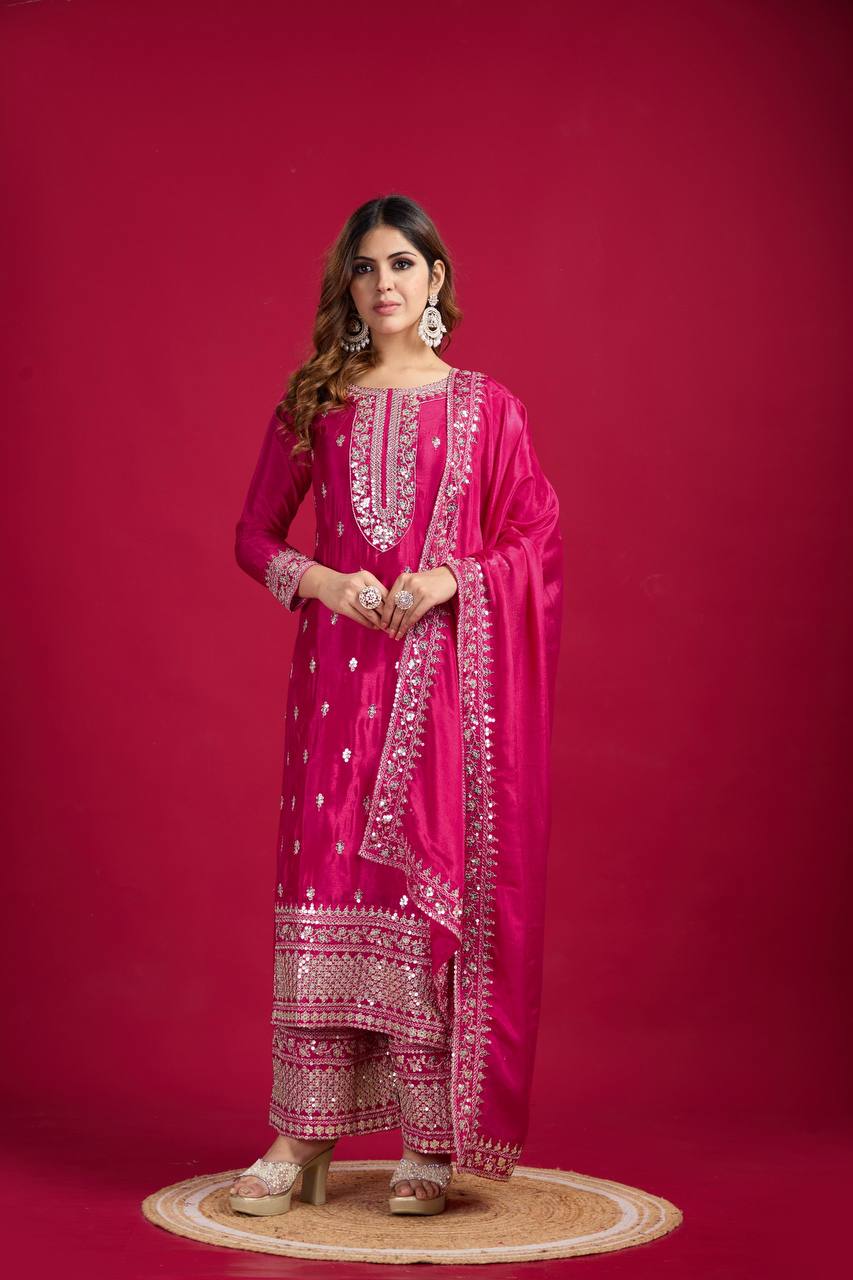 Rani Pink Chinnon Silk Embroidered Top Pant and Dupatta For Party Wear