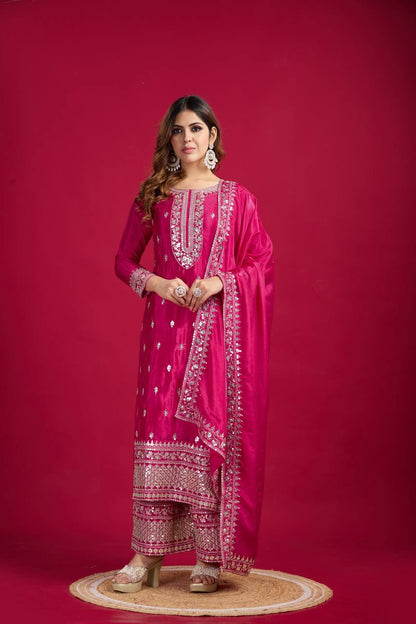 Rani Pink Chinnon Silk Embroidered Top Pant and Dupatta For Party Wear