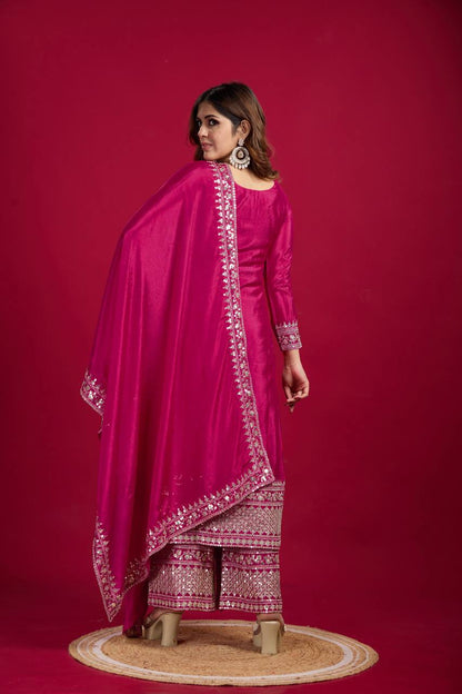 Rani Pink Chinnon Silk Embroidered Top Pant and Dupatta For Party Wear