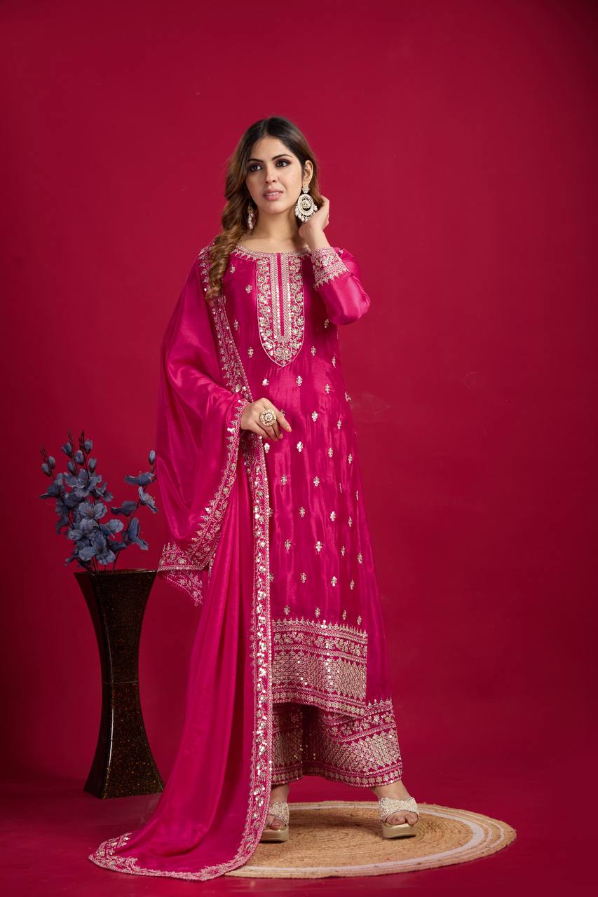 Rani Pink Chinnon Silk Embroidered Top Pant and Dupatta For Party Wear