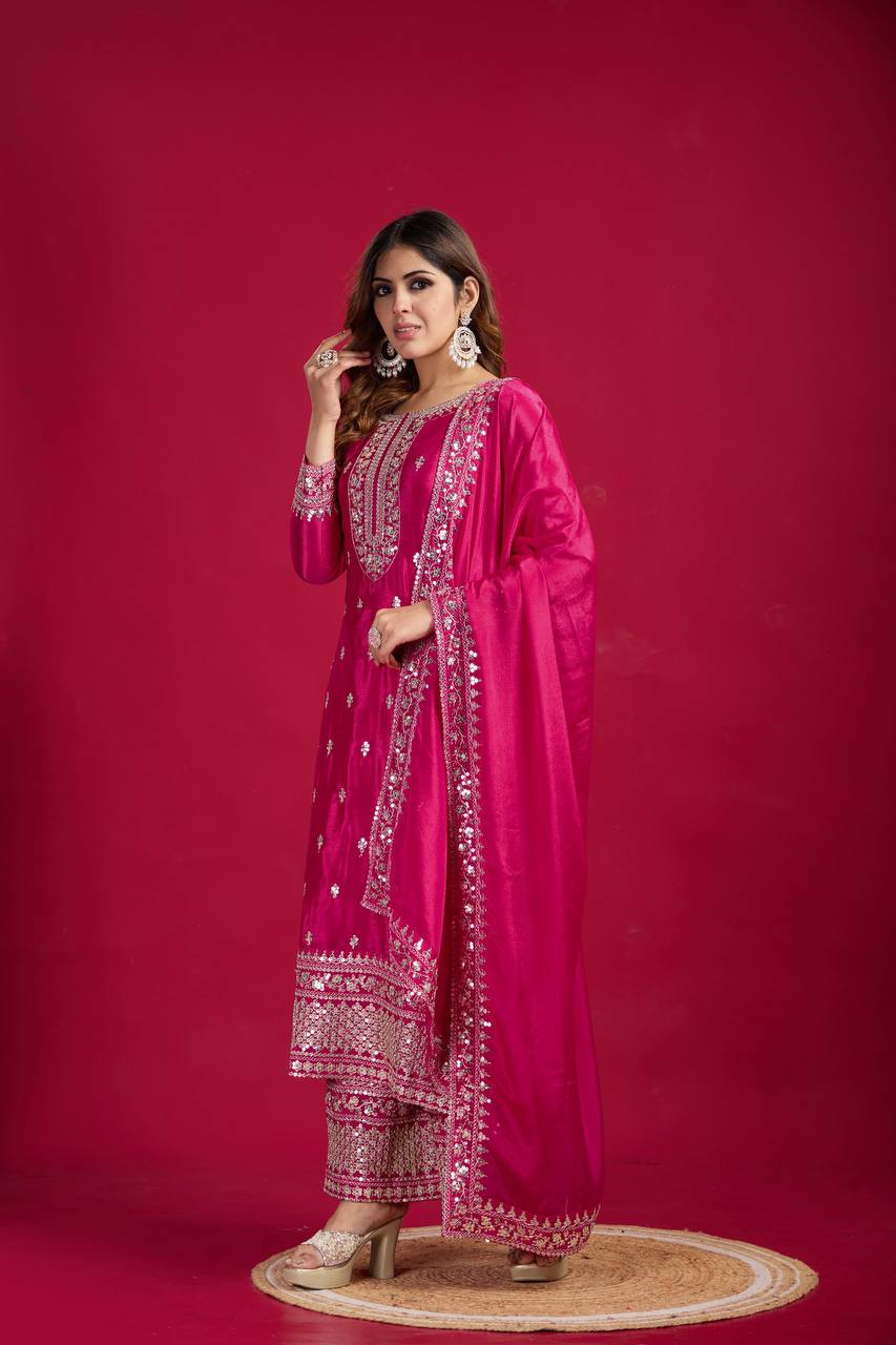 Rani Pink Chinnon Silk Embroidered Top Pant and Dupatta For Party Wear