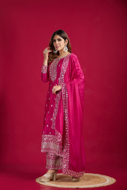 Rani Pink Chinnon Silk Embroidered Top Pant and Dupatta For Party Wear