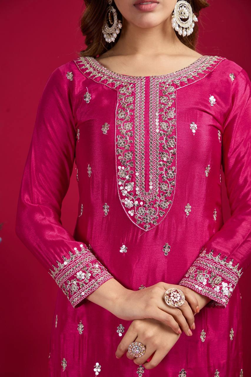 Rani Pink Chinnon Silk Embroidered Top Pant and Dupatta For Party Wear
